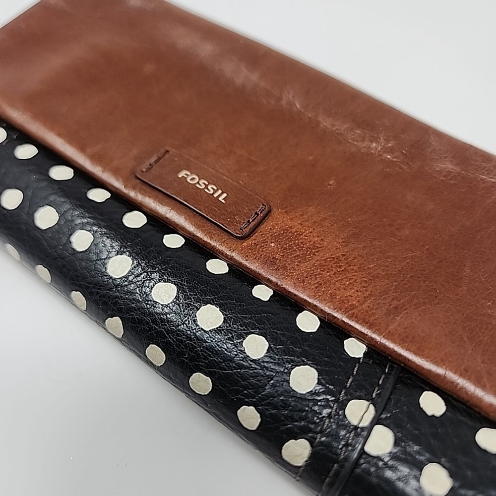 Fossil Vintage Wallet Sydney Brown Leather Retro Black White Polka Dot Trifold - Picture 15 of 16